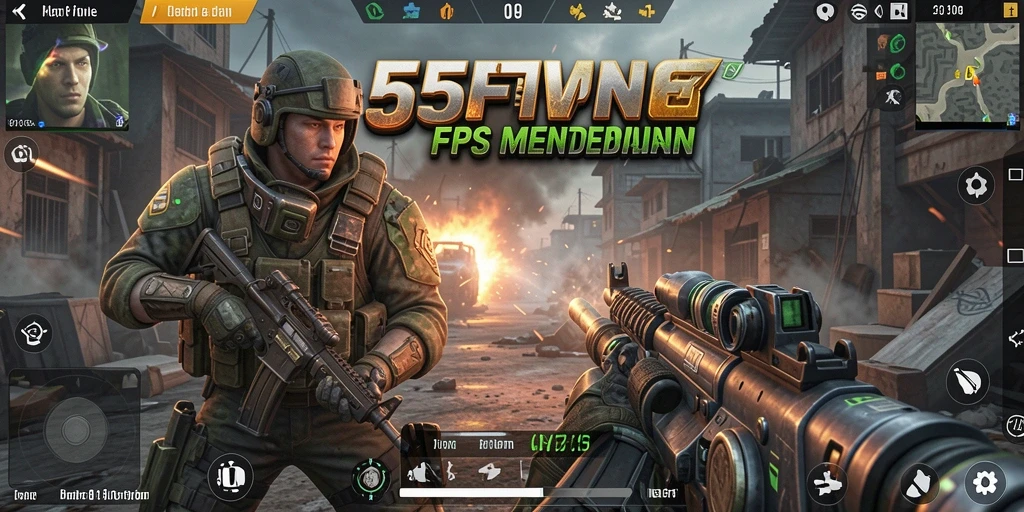 Screenshot 55FIVE menampilkan aksi gameplay FPS yang mendebarkan.