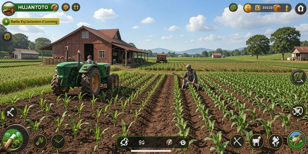 Tangkapan layar gameplay HUJANTOTO menampilkan aktivitas pertanian yang menarik.