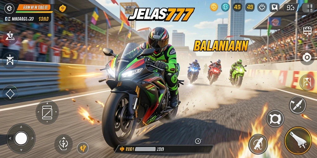 Screenshot utama JELAS777 menampilkan aksi balapan motor yang mendebarkan.