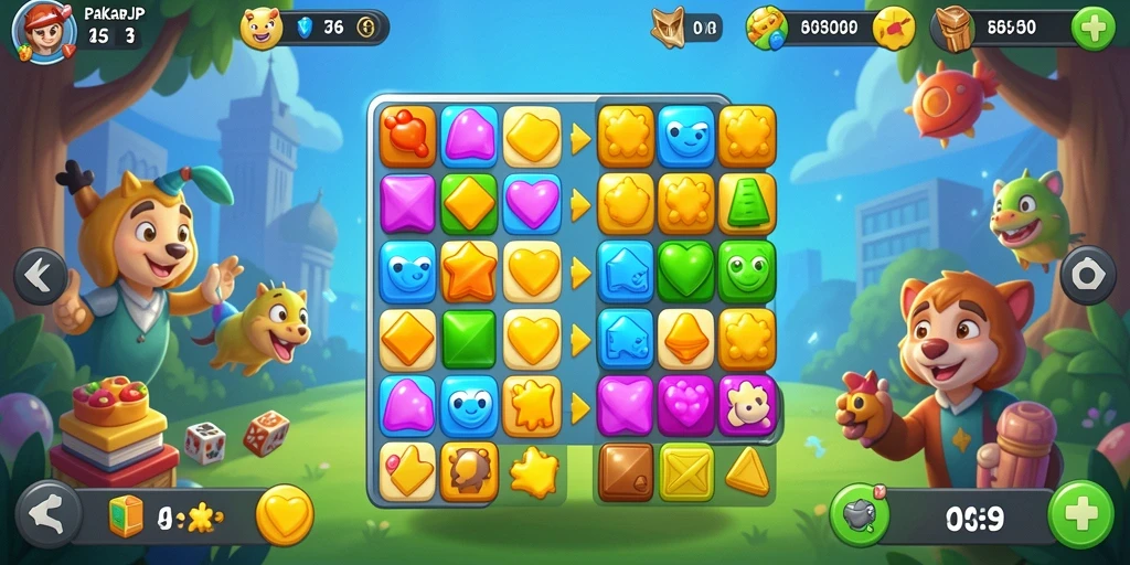 Screenshot gameplay PAKARJP yang menunjukkan keseruan mencocokkan item Match-3.