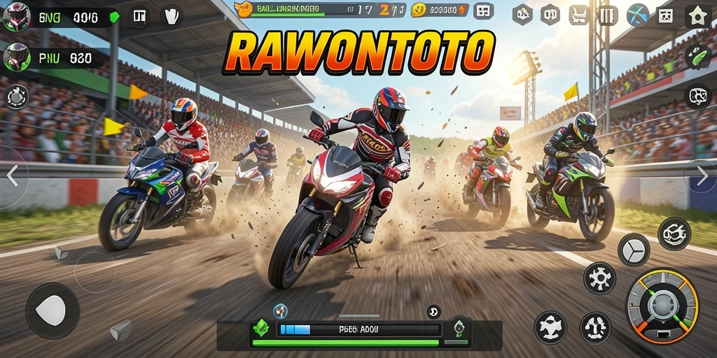 Tampilan gameplay balapan motor yang mendebarkan di RAWONTOTO.