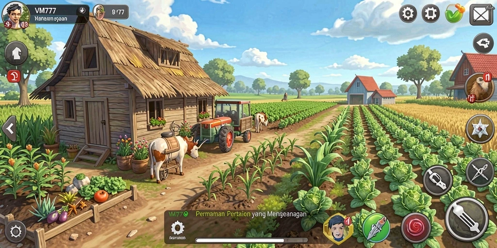 Tampilan gameplay VM777 yang menampilkan aktivitas bertani.